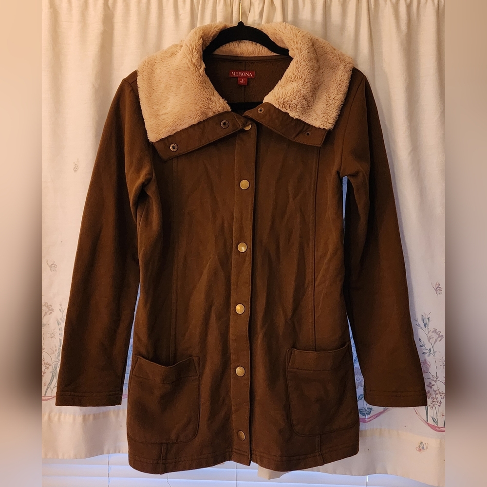 MERONA Jersey Jacket Coat Faux Fur Collar Snaps Fragrance Free Small LIKE NEW